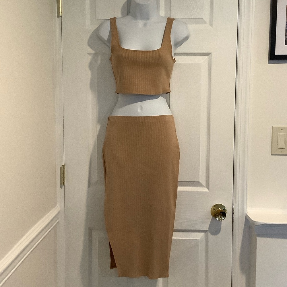Lulu's Tan Two-Piece Crop Top & Midi Skirt Set